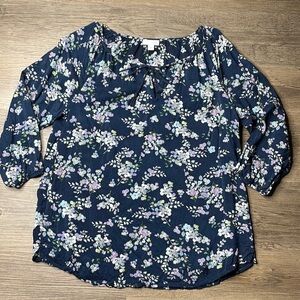 J. Jill Women’s Navy Blue Floral 3/4 Sleeve Blouse, size small